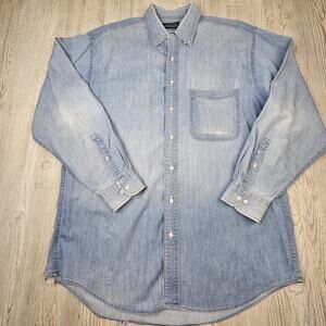Lands End Denim Shirt Mens Extra Large Light Blue‎ Button Up Long Sleeve